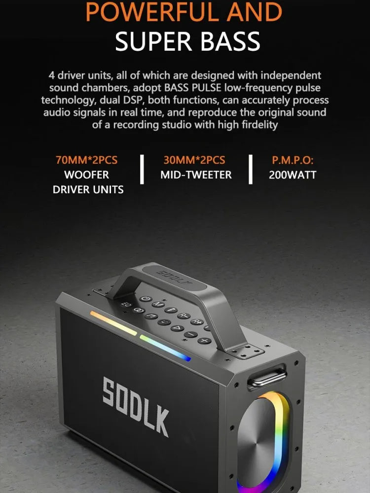 SODLK S1115 | Bocina Bluetooth 200W TWS Karaoke | Batería 24000mAh, RGB, Impermeable