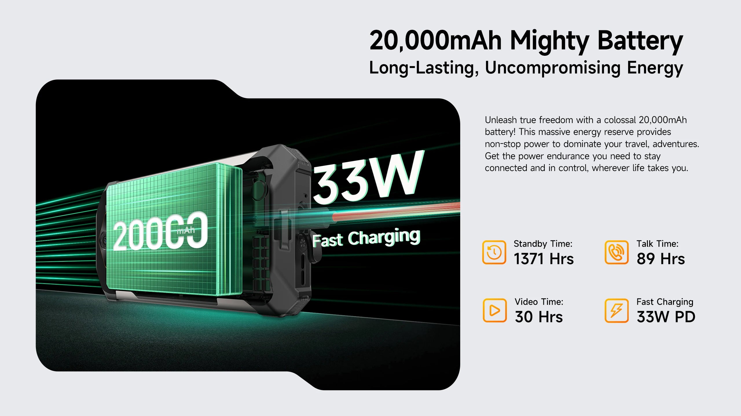Ulefone RugKing 5 Pro | Rugged Phone 4G 20000mAh 64MP Android 16 | IP68 NFC 33W