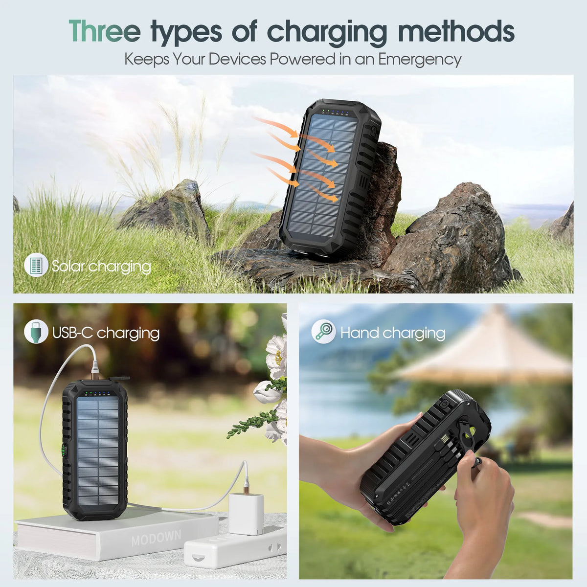 20000mAh Solar Hand-Crank Power Bank | 22.5W