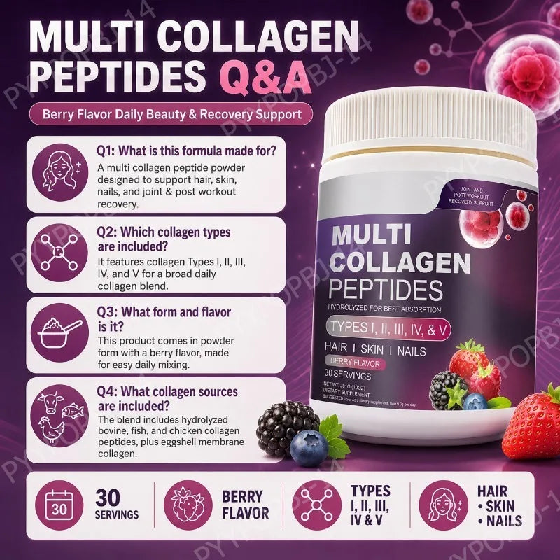 Multi Collagen Peptides Powder | Types I II III IV V | Hair, Skin, Nails & Joint Support | Berry Flavor | 28 Servings