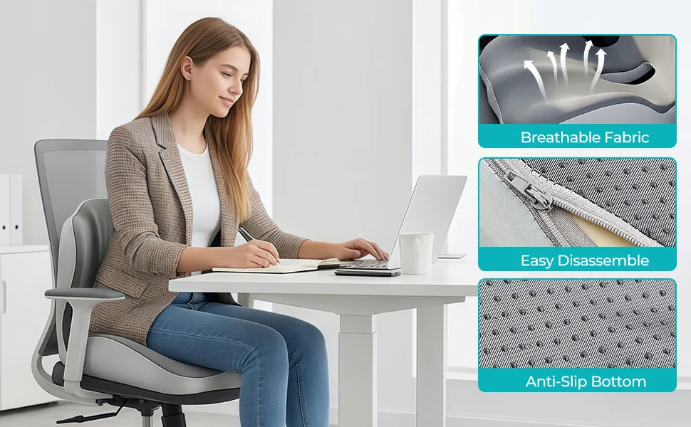 Memory Foam Seat Cushion | Lumbar Back Support | Office & Car / Cojín Ergonómico