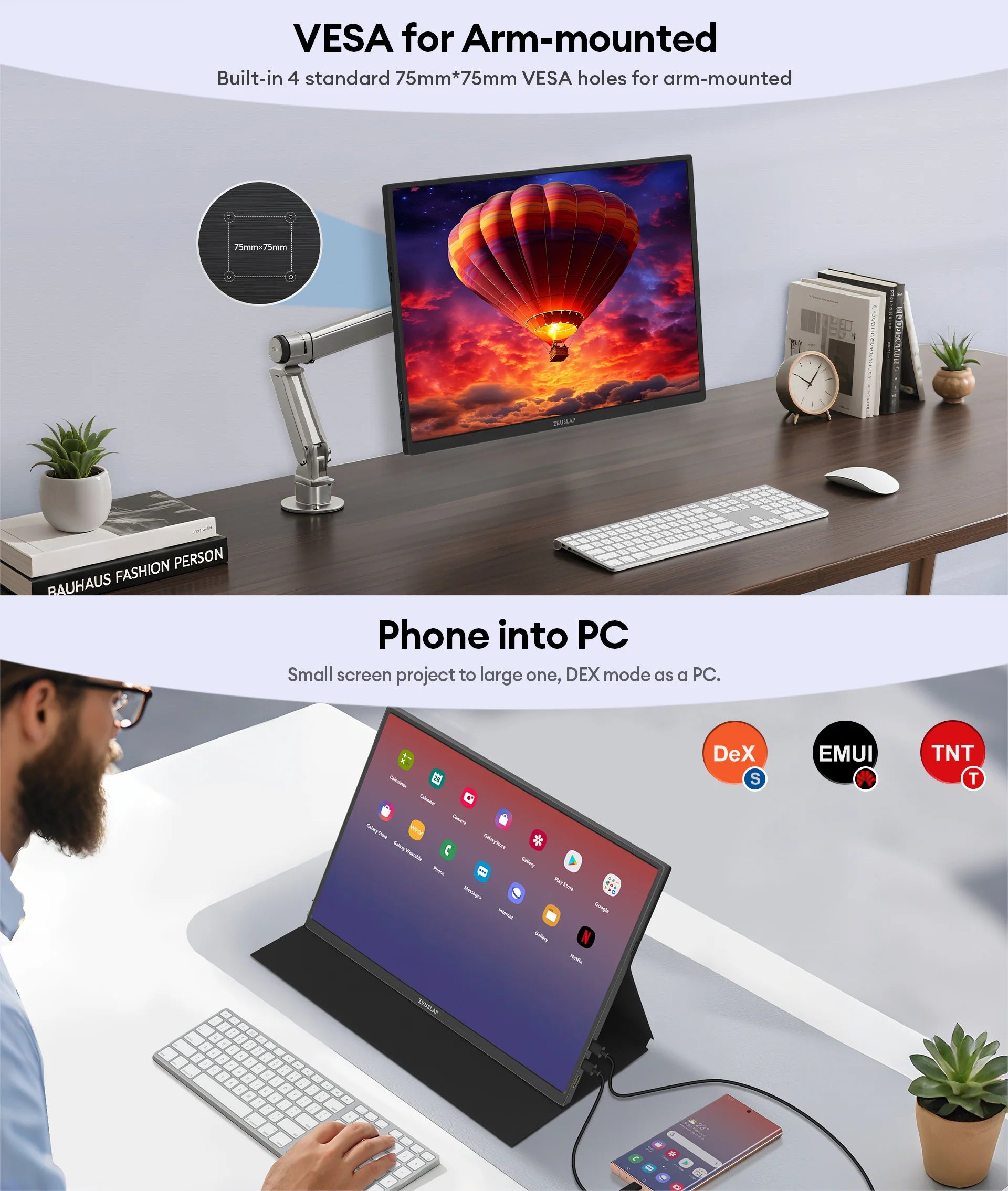 ZEUSLAP P16T | Monitor Portátil Táctil 16" 1200P IPS | 100% sRGB, HDR10, Type-C, VESA