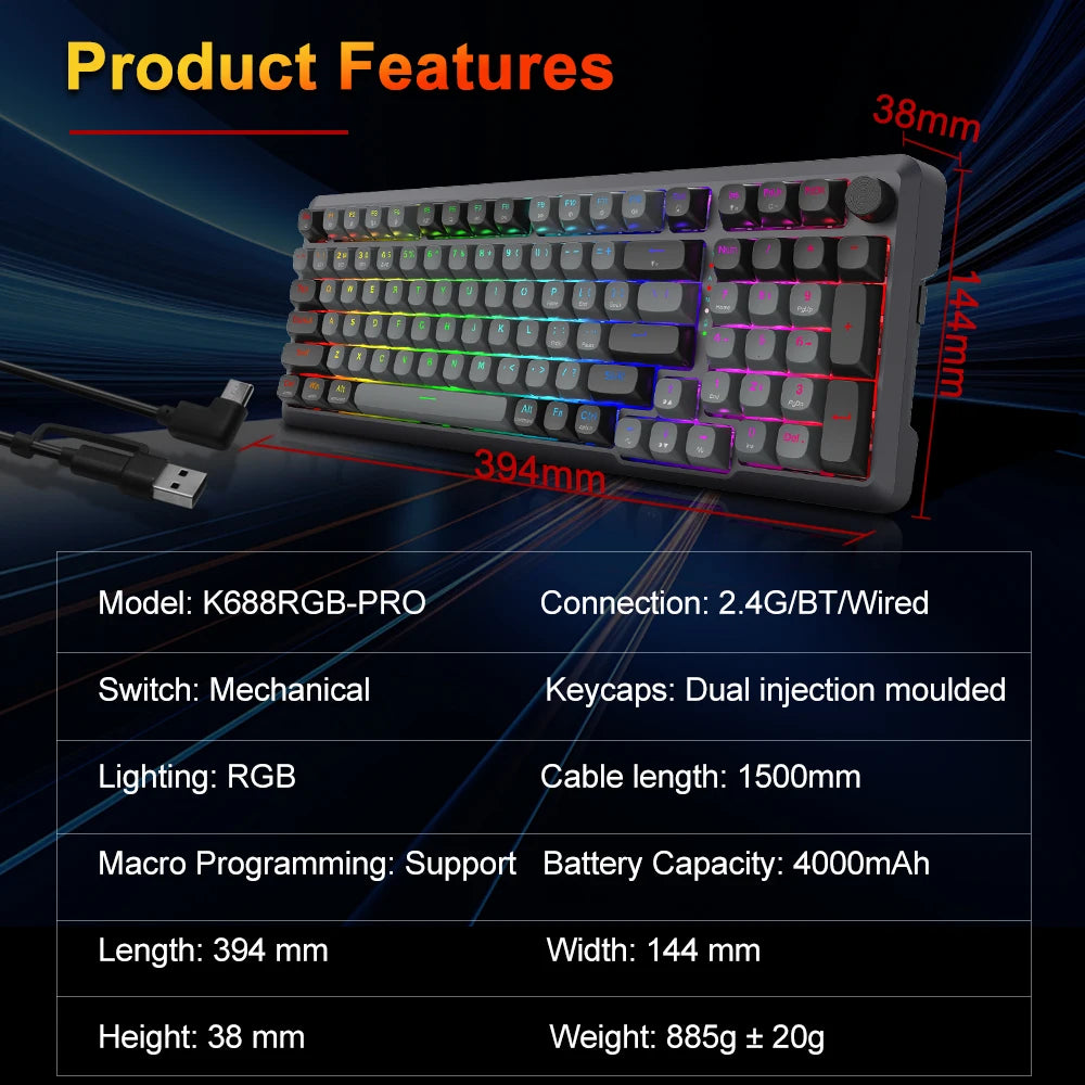 Teclado Mecánico Gaming Redragon K688 PRO | 98 Teclas | Bluetooth 5.0 + 2.4GHz + USB | Gasket | Hot-Swap | RGB | Redragon K688 PRO 98-Key Mechanical Gaming Keyboard BT 5.0 2.4GHz USB Gasket Hot-Swap RGB