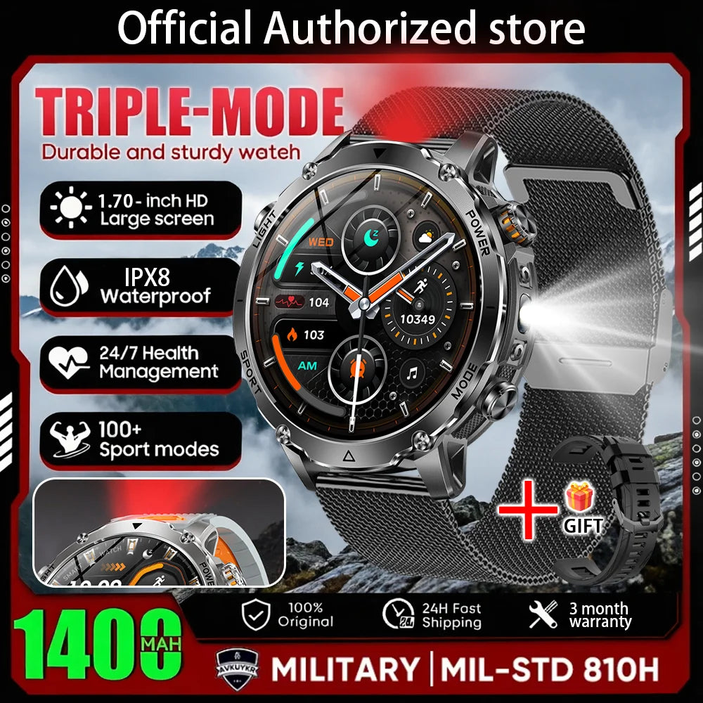 Flttoltn AK106 | Smartwatch Militar 1400mAh | AMOLED 1.7", IP69K, Linterna LED, 100+ Deportes