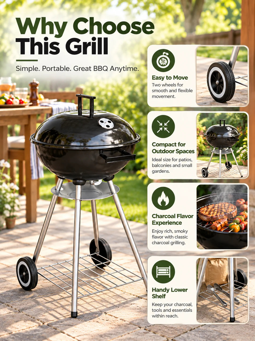 Charcoal BBQ Grill | Wheels & Storage Shelves | Outdoor Cooking