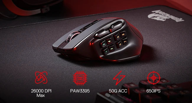 Redragon M811 PRO Wireless MMO Gaming Mouse | 26000 DPI | 15 Buttons | RGB | Pixart 3395