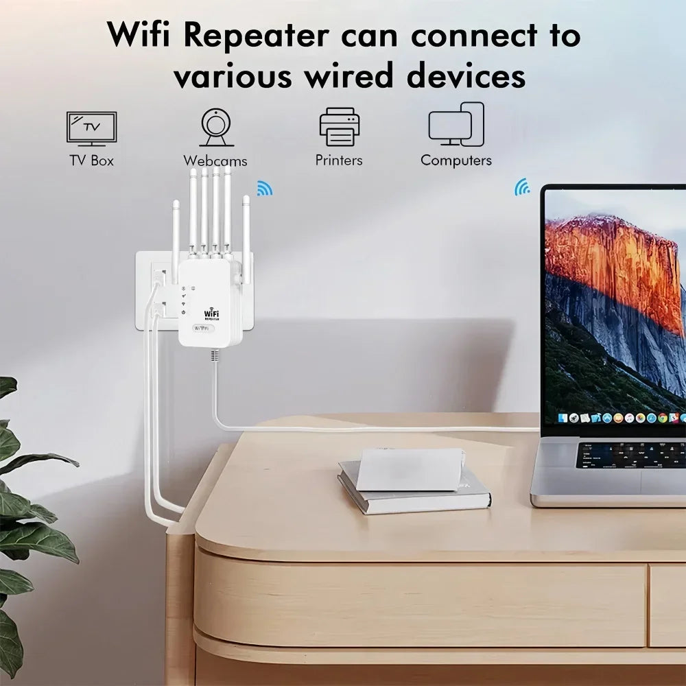 Repetidor WiFi 1200Mbps Doble Banda 2.4G/5GHz | 6 Antenas 360° | Extensor de Señal | Hogar y Oficina