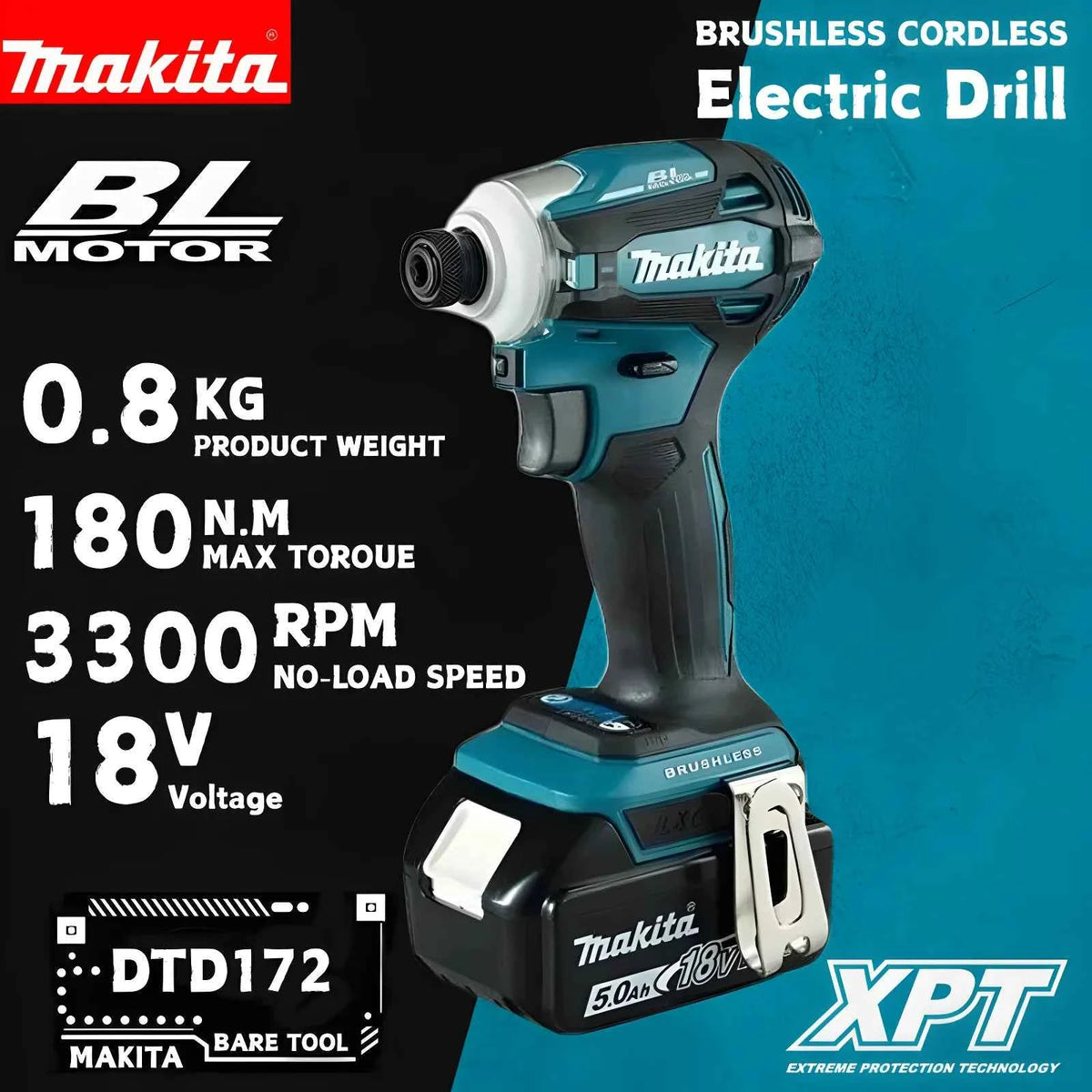 Makita DTD172 | 18V Brushless Impact Driver | 180 N·m T-Mode
