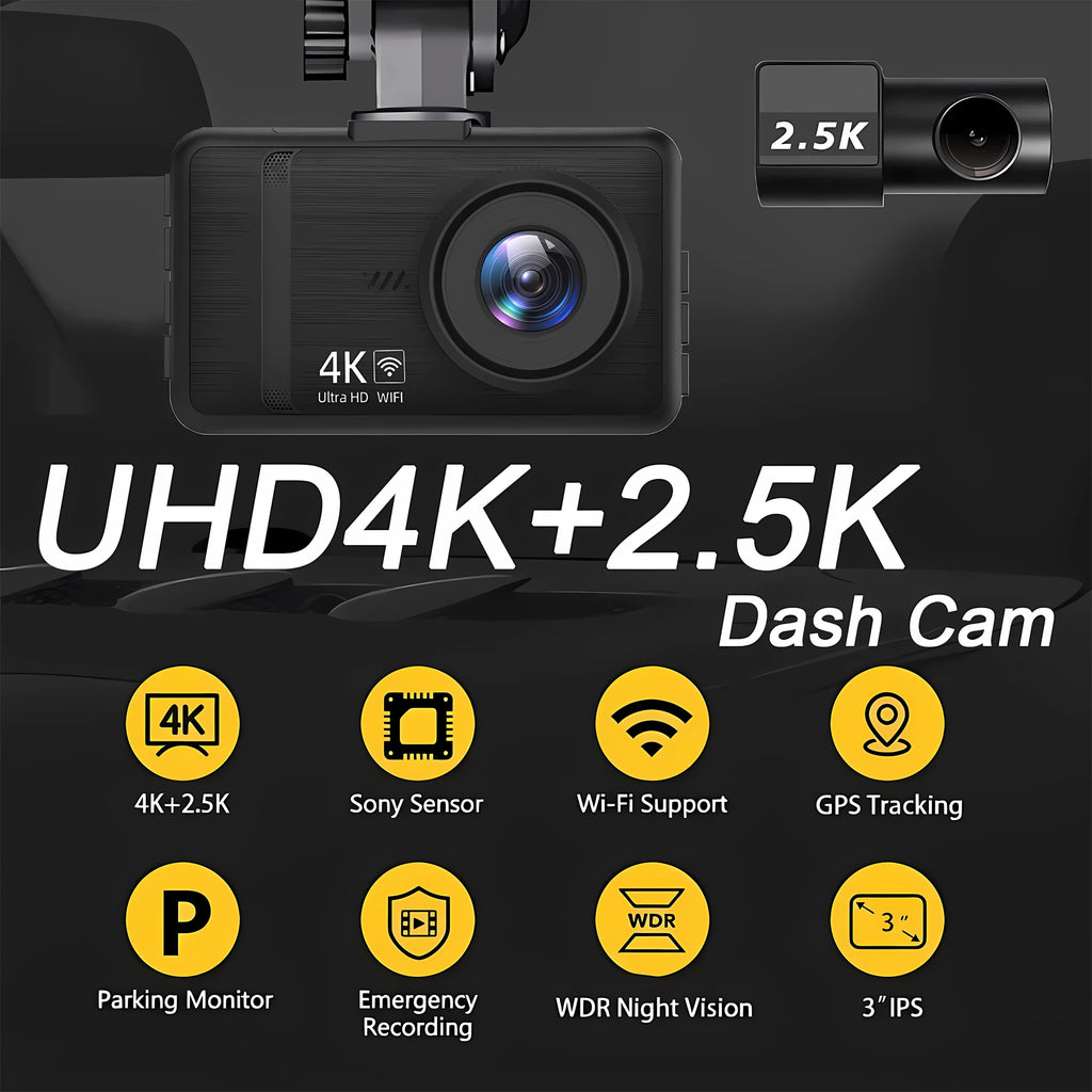 Dashcam 4K+2.5K WiFi GPS Doble Lente – Visión Nocturna, Monitor Estacionamiento 24H, Caja Negra