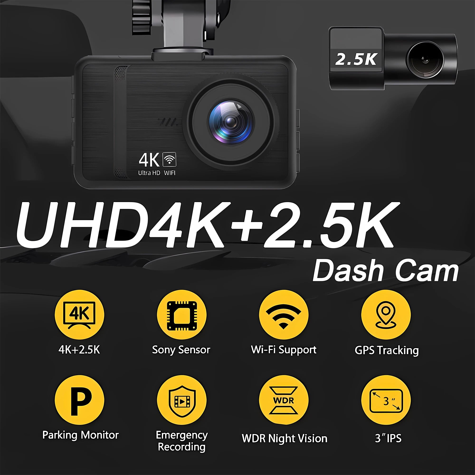 Dashcam 4K+2.5K WiFi GPS Doble Lente – Visión Nocturna, Monitor Estacionamiento 24H, Caja Negra