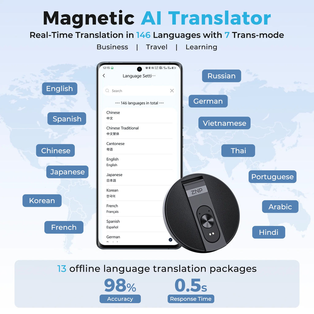 Traductor de Voz IA ZNP | Bluetooth Inalámbrico | 150+ Idiomas | Magnético Ultra-Delgado | Offline | Soporte para Teléfono | 30h Batería