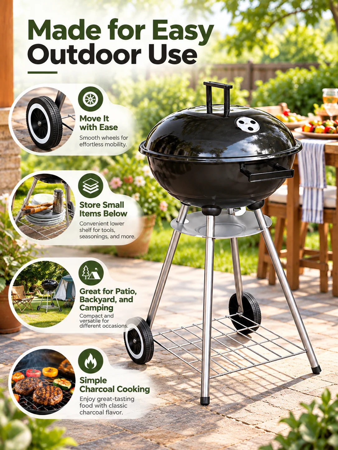 Charcoal BBQ Grill | Wheels & Storage Shelves | Outdoor Cooking