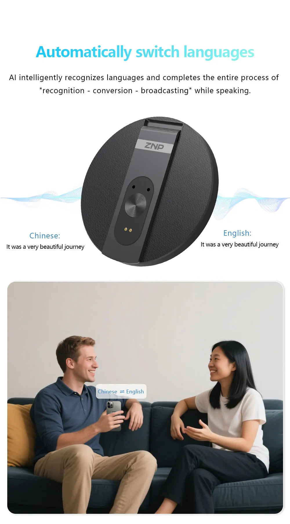 Traductor de Voz IA ZNP | Bluetooth Inalámbrico | 150+ Idiomas | Magnético Ultra-Delgado | Offline | Soporte para Teléfono | 30h Batería