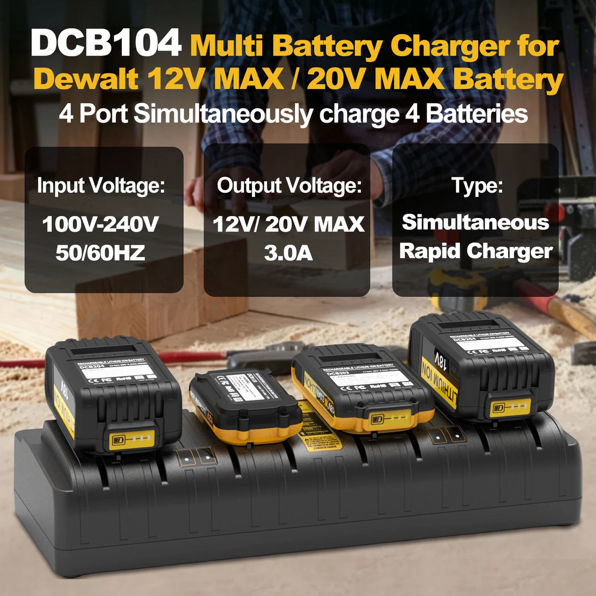 DCB104-Compatible 3A Battery Charger | 2/4 Port | US/EU Plug