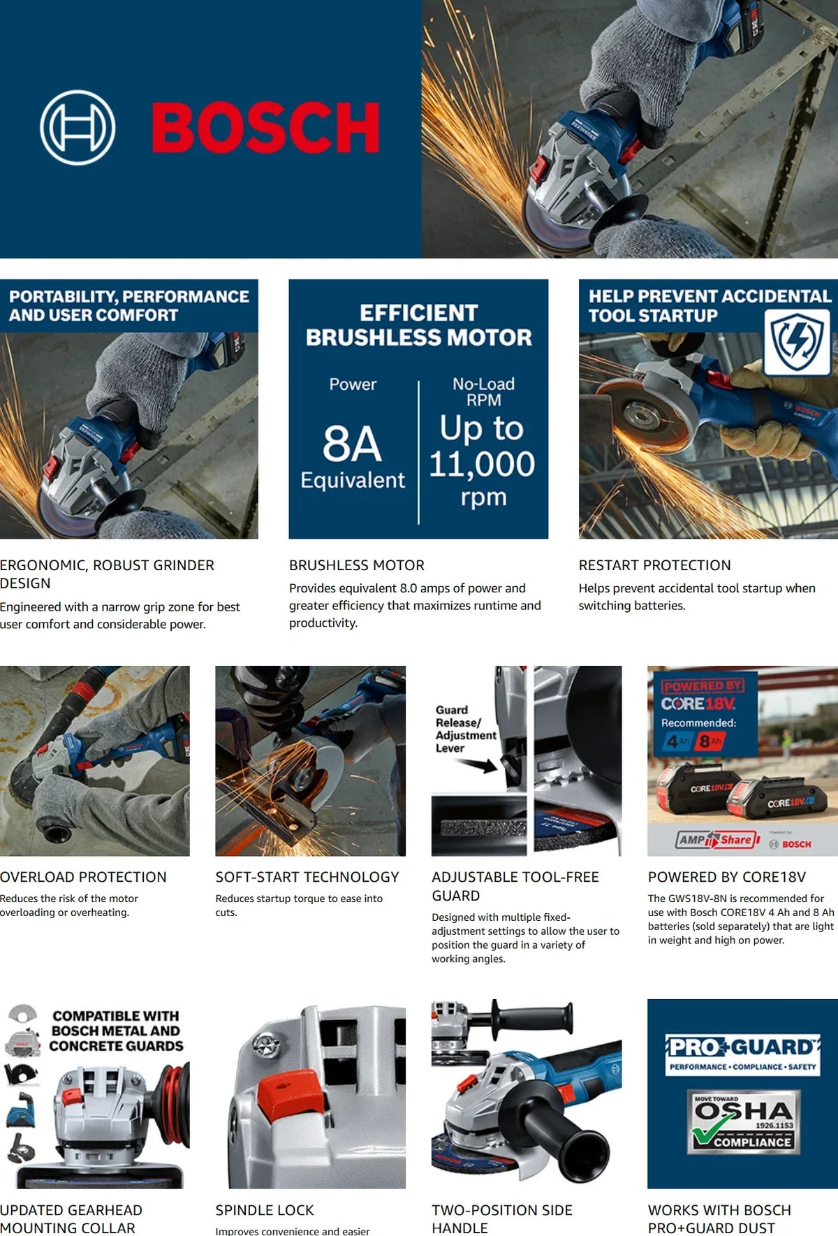 Bosch GWS 18V-8 | Brushless Cordless Angle Grinder | Bare Tool