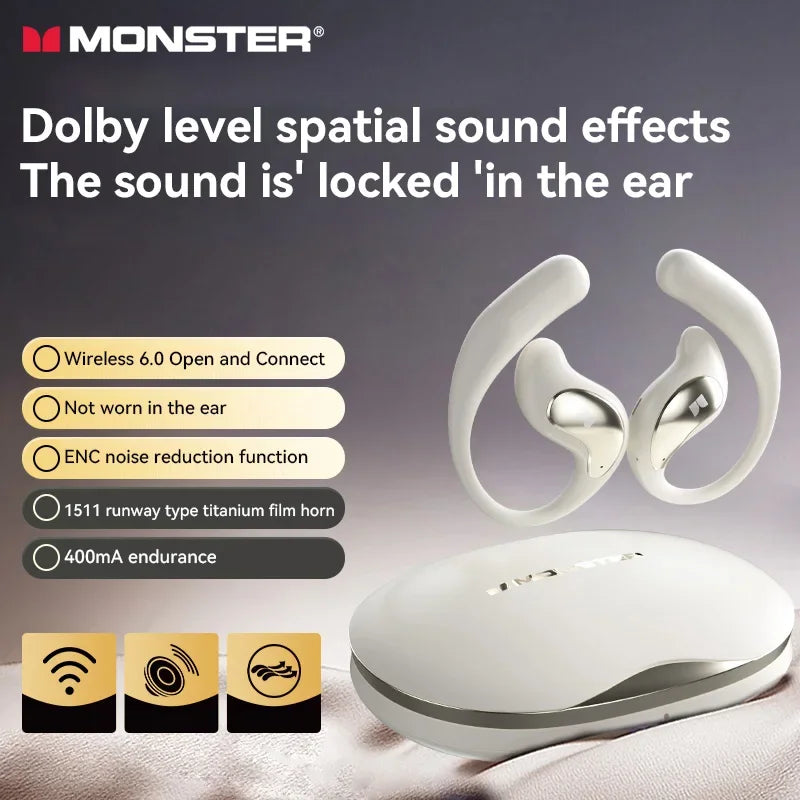 Monster Open Ear - Auriculares Inalámbricos Bluetooth 6.0 | ENC | Deportes y Gaming