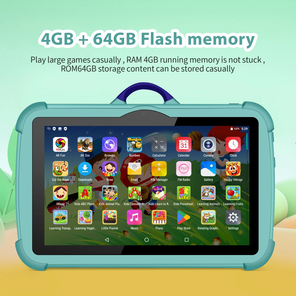 Tablet Infantil BDF 7" | Android 13 | 4GB RAM + 64GB | Quad-Core | WiFi | 4000mAh | Verde, Rosa, Naranja, Azul