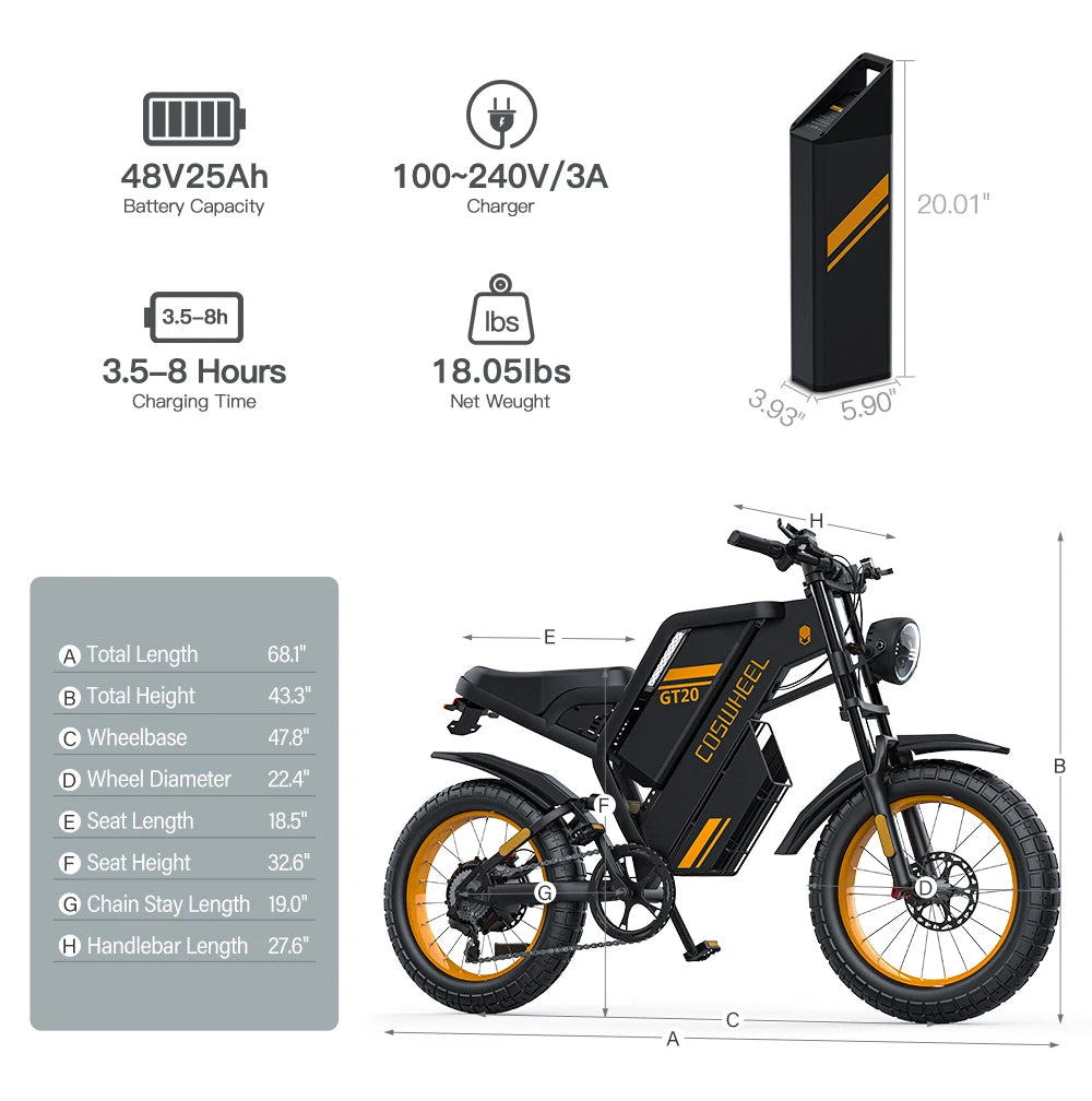 Coswheel GT20 E-Bike | 1500W/2000W/3000W | 60V 25Ah | Fat Tire 20x4.0 | 93 Millas | Shimano 7v | CE UL FCC | Off-Road