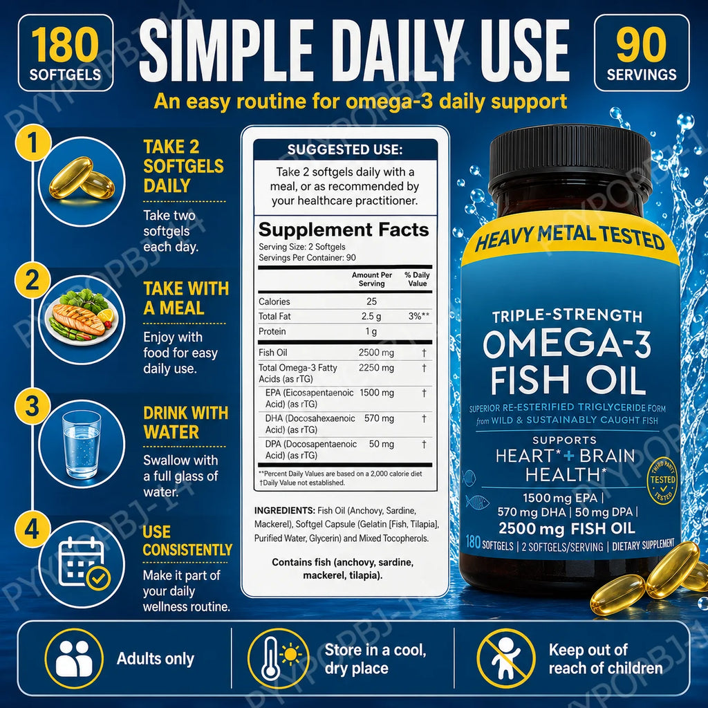 Omega-3 Fish Oil 2500mg | EPA DHA DPA RTG | 180 Cápsulas | Non-GMO, Sin Gluten