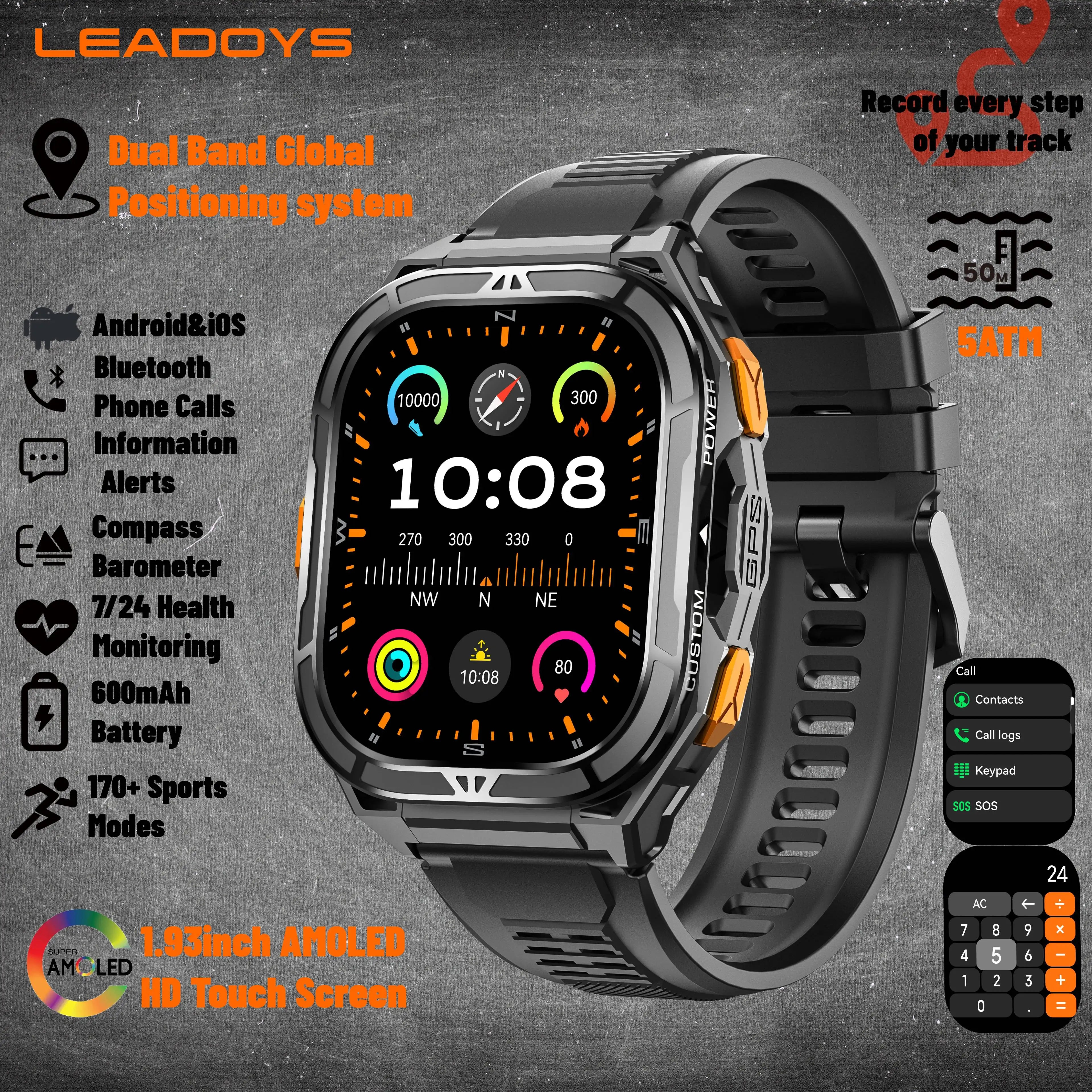 GPS Smartwatch 2026 Rugged | AMOLED 1.96" | NFC | 10m Waterproof | Bluetooth 5.3 | Men Outdoor | Smartwatch GPS 2026 Resistente | AMOLED 1.96" | NFC | Resistente al Agua 10m | Bluetooth 5.3 | Hombre Exterior