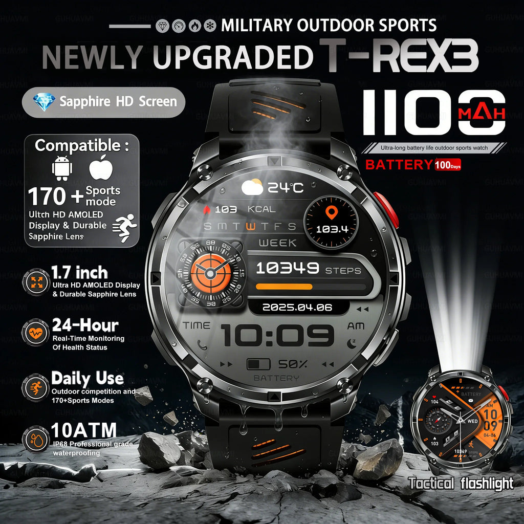 T-REX 3 | Smartwatch Militar 1100mAh | AMOLED 1.7", 10ATM, GPS, 170+ Modos, Linterna LED