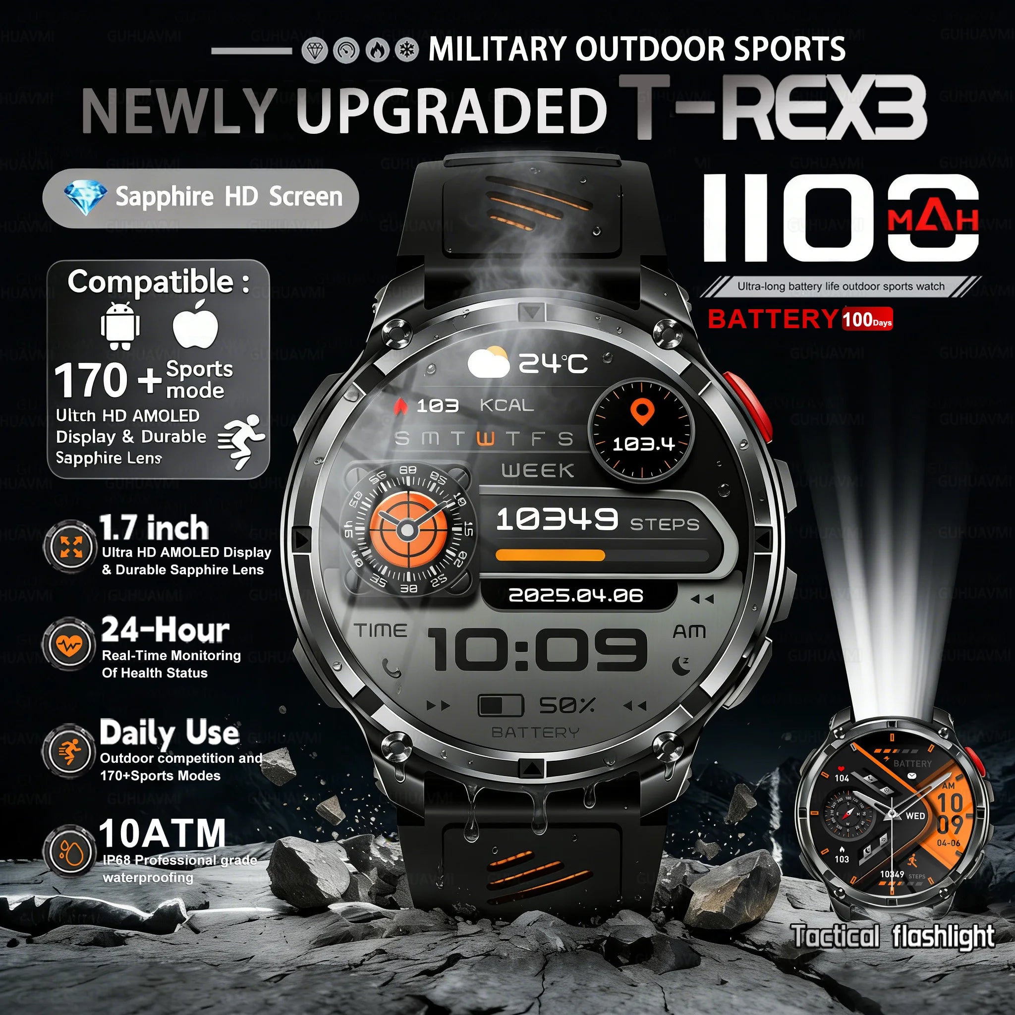 T-REX 3 | Smartwatch Militar 1100mAh | AMOLED 1.7", 10ATM, GPS, 170+ Modos, Linterna LED