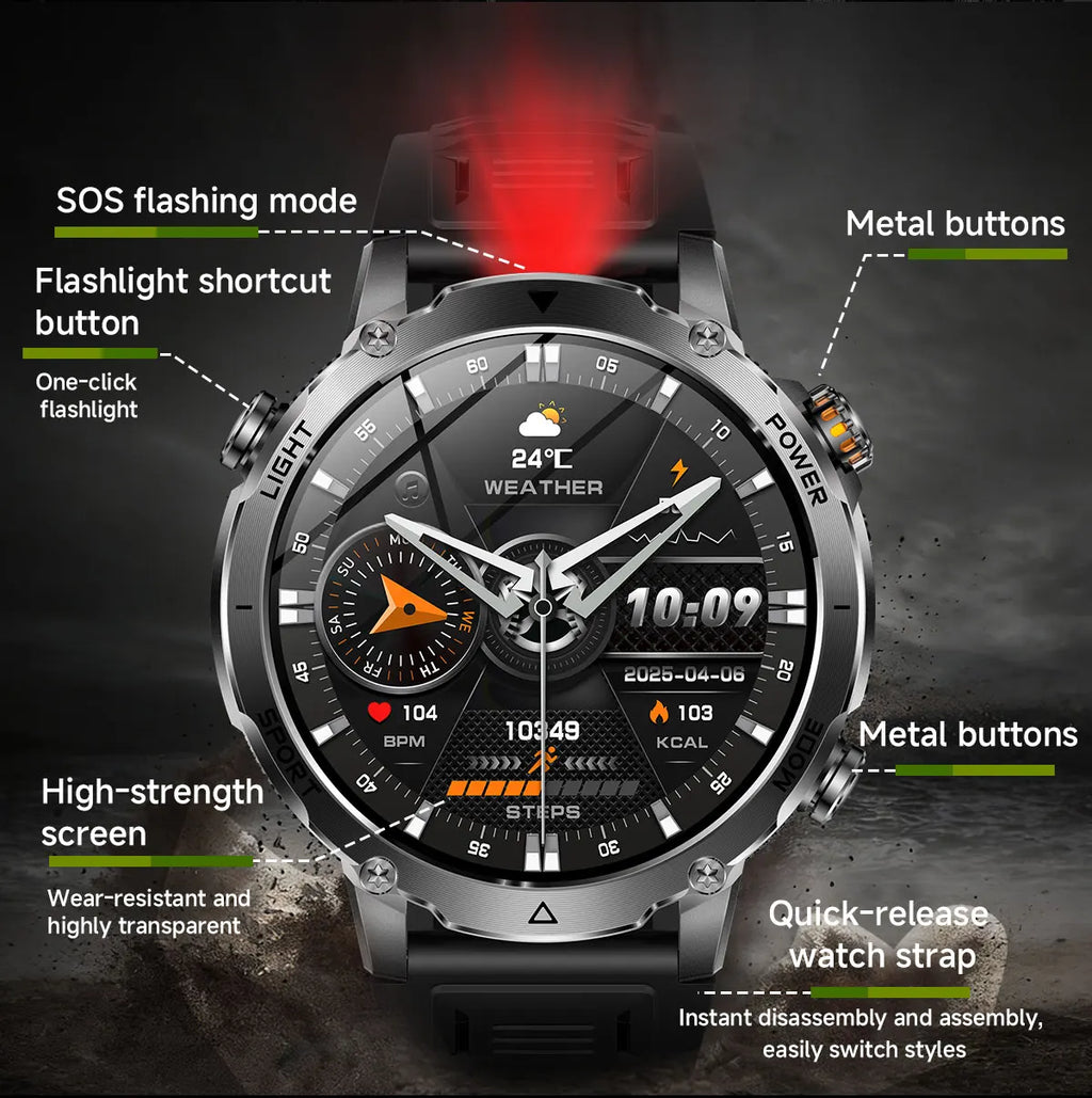 Flttoltn AK106 | Smartwatch Militar 1400mAh | AMOLED 1.7", IP69K, Linterna LED, 100+ Deportes