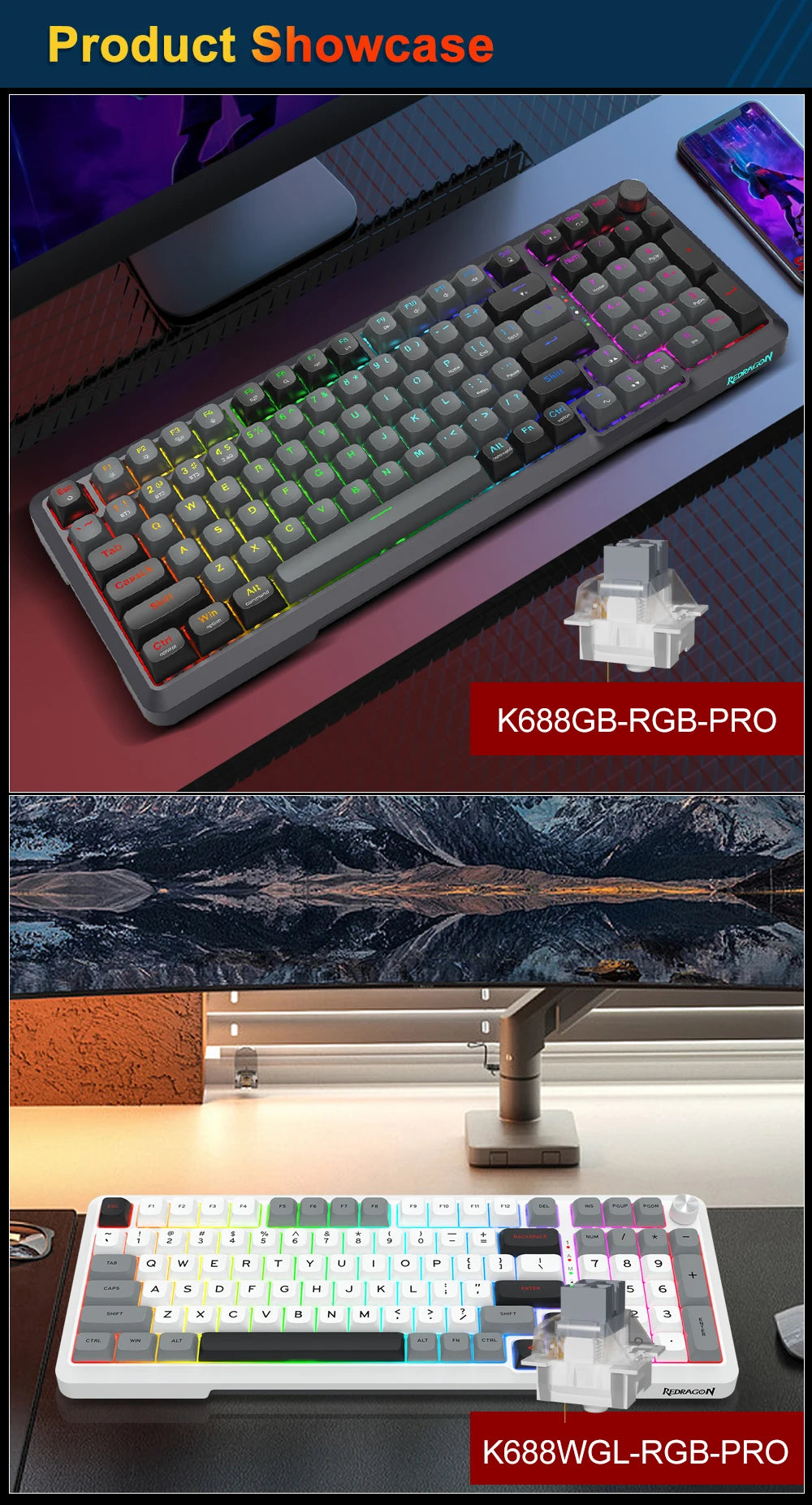 Teclado Mecánico Gaming Redragon K688 PRO | 98 Teclas | Bluetooth 5.0 + 2.4GHz + USB | Gasket | Hot-Swap | RGB | Redragon K688 PRO 98-Key Mechanical Gaming Keyboard BT 5.0 2.4GHz USB Gasket Hot-Swap RGB