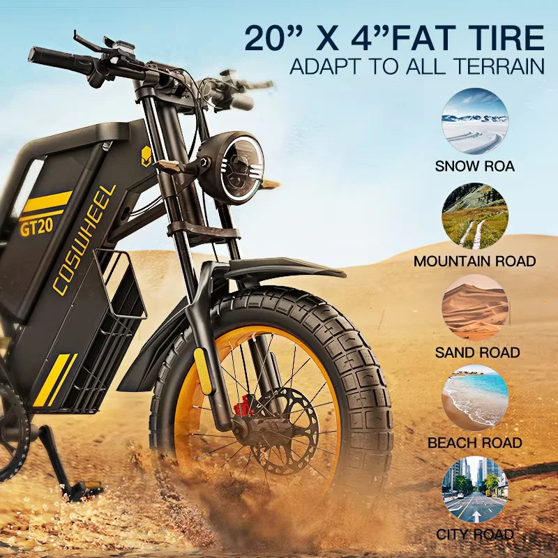 Coswheel GT20 E-Bike | 1500W/2000W/3000W | 60V 25Ah | Fat Tire 20x4.0 | 93 Millas | Shimano 7v | CE UL FCC | Off-Road