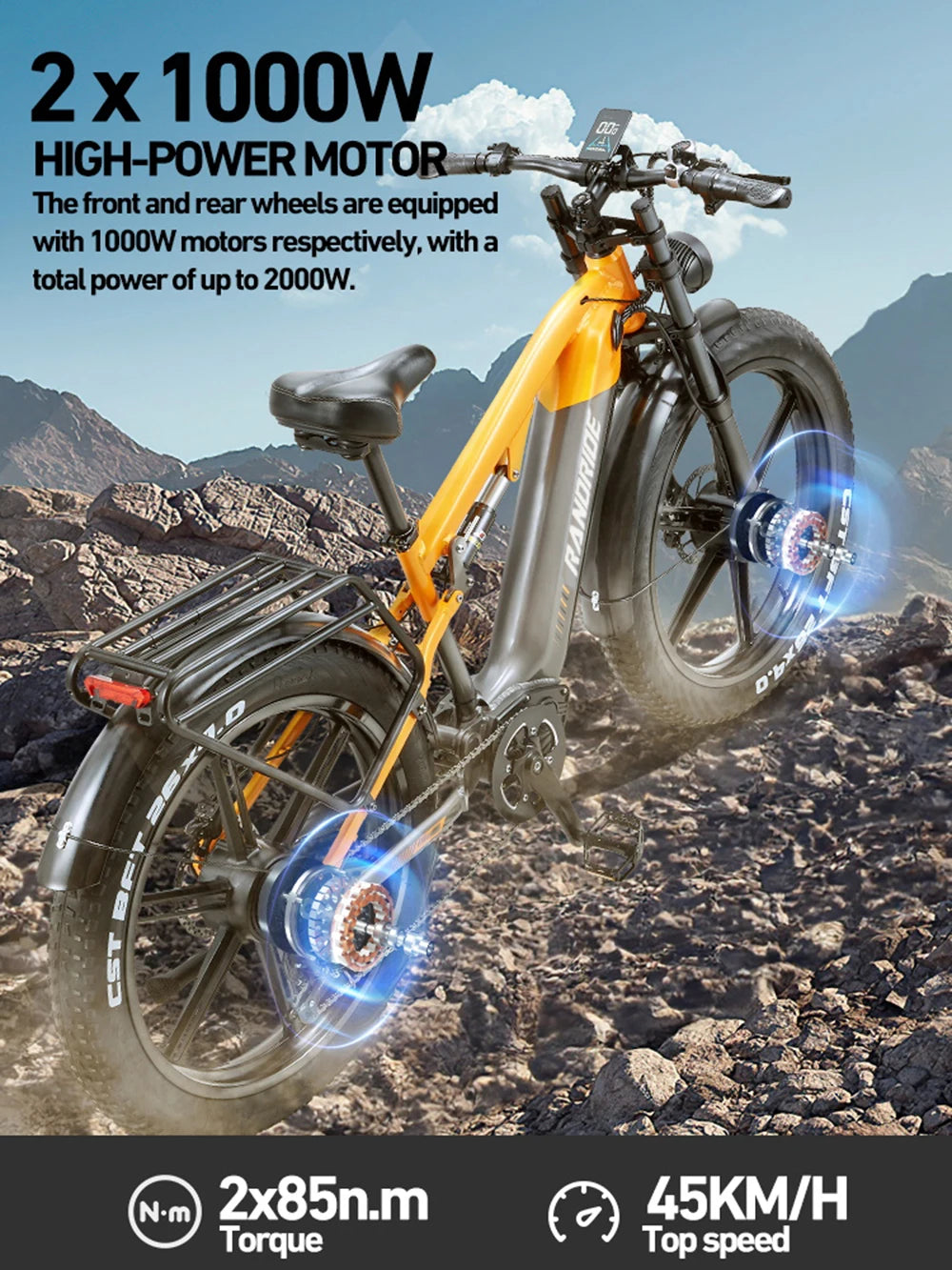 Y80 Bicicleta Eléctrica de Montaña | Doble Motor 2000W | 48V 20Ah | Fat Tire 26x4.0 | 48km/h | Frenos Disco | E-MTB