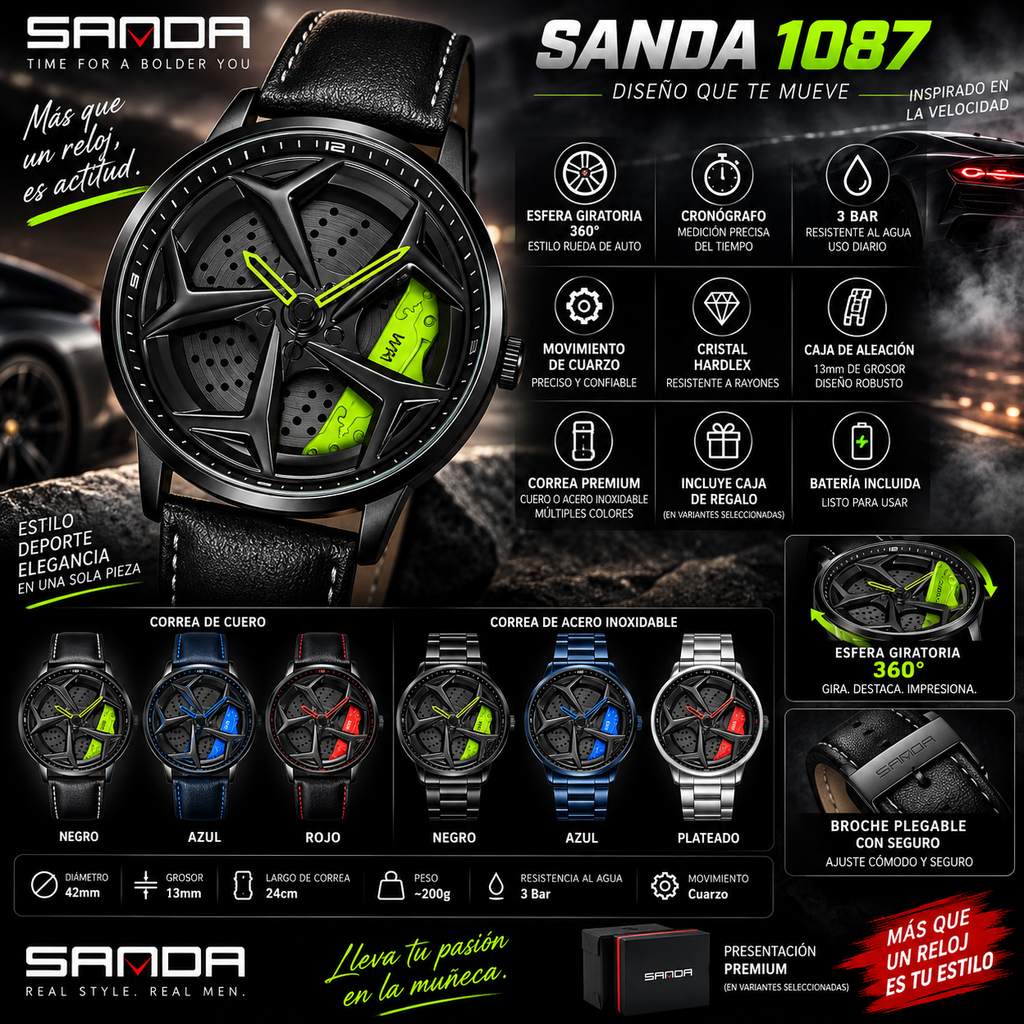 SANDA 1087 Men's Sports Quartz Watch | 360° Rotating Dial | Chronograph | Leather & Steel | Waterproof