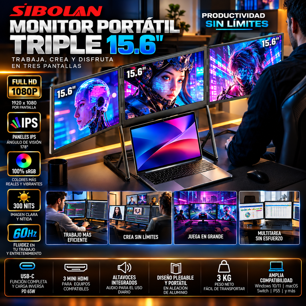 SIBOLAN Triple Portable Monitor | 3 × 15.6-inch FHD IPS | Windows & Mac