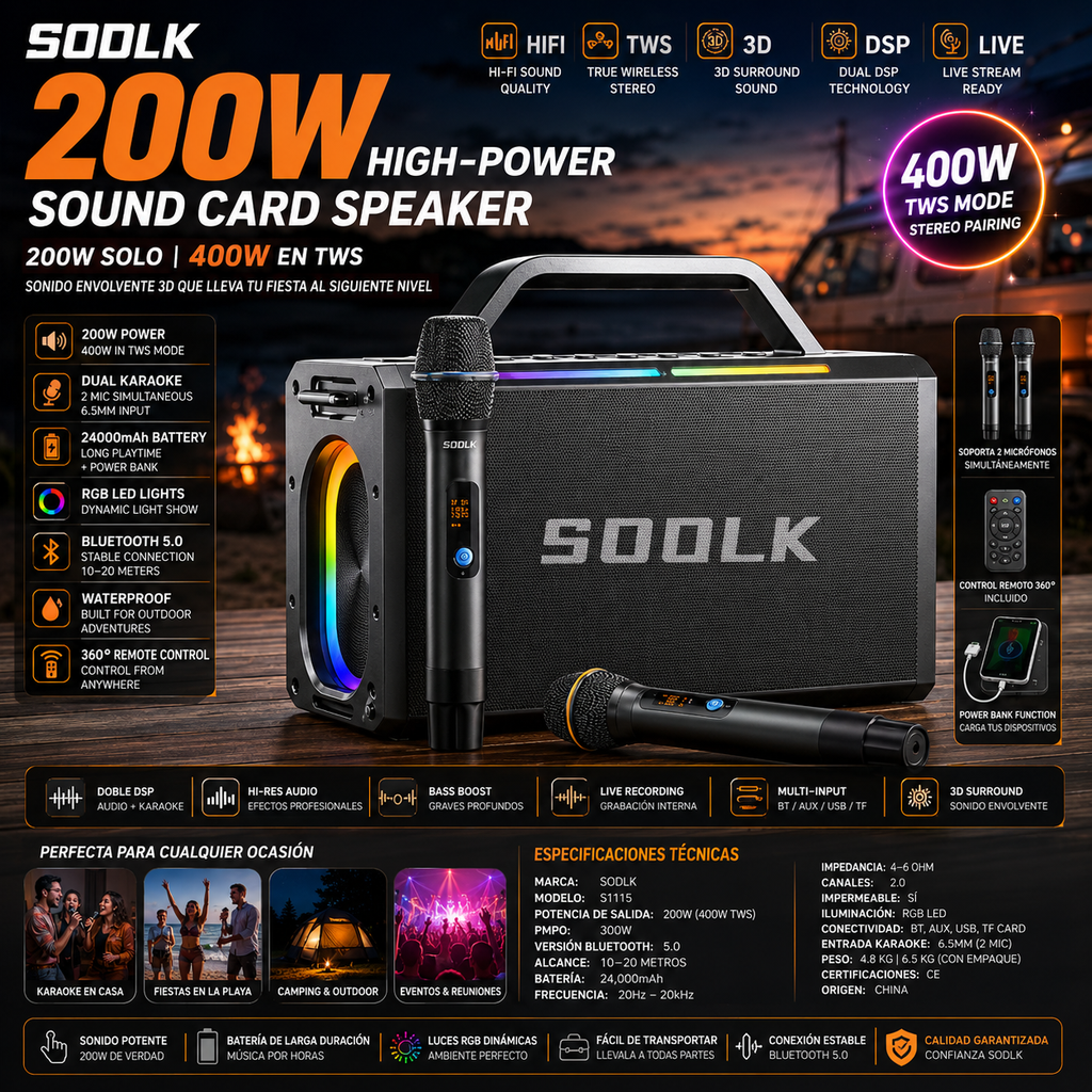 SODLK S1115 | Bocina Bluetooth 200W TWS Karaoke | Batería 24000mAh, RGB, Impermeable