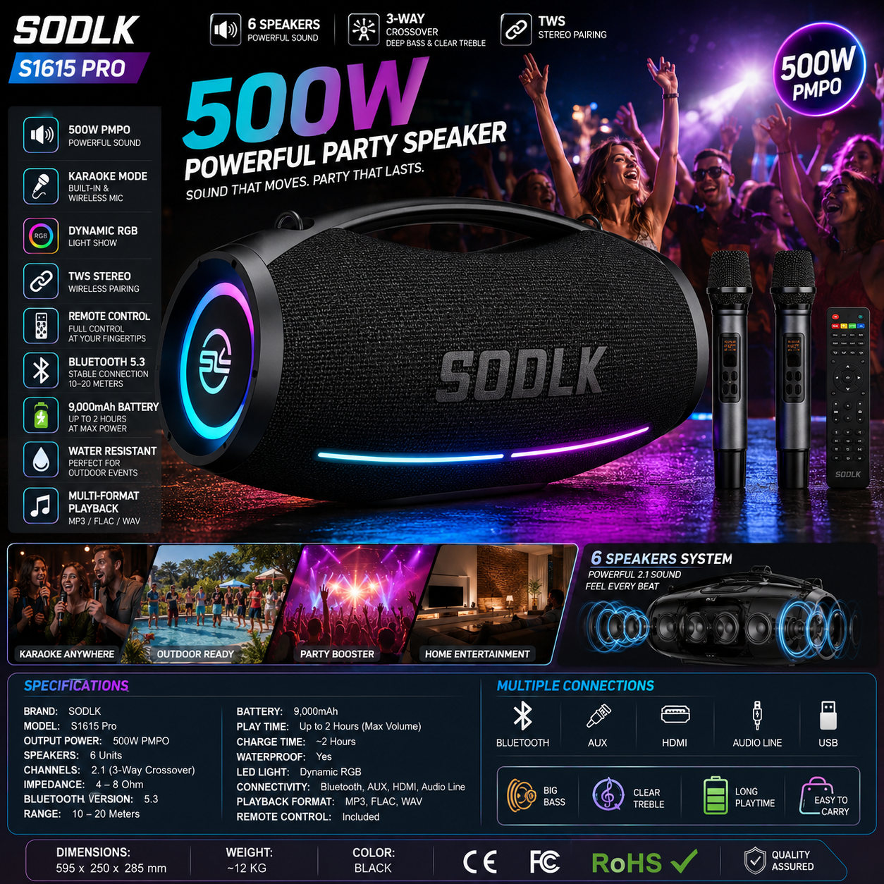 SODLK S1615 Pro | Bocina Bluetooth 500W para Fiestas | Karaoke, RGB, TWS, Control Remoto