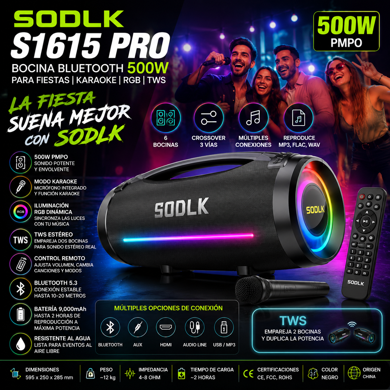 SODLK S1615 Pro | Bocina Bluetooth 500W para Fiestas | Karaoke, RGB, TWS, Control Remoto