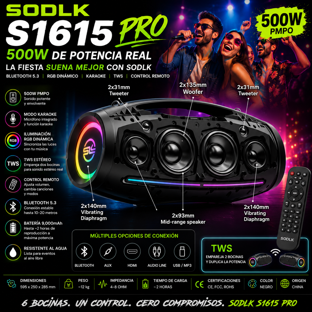 SODLK S1615 Pro | Bocina Bluetooth 500W para Fiestas | Karaoke, RGB, TWS, Control Remoto