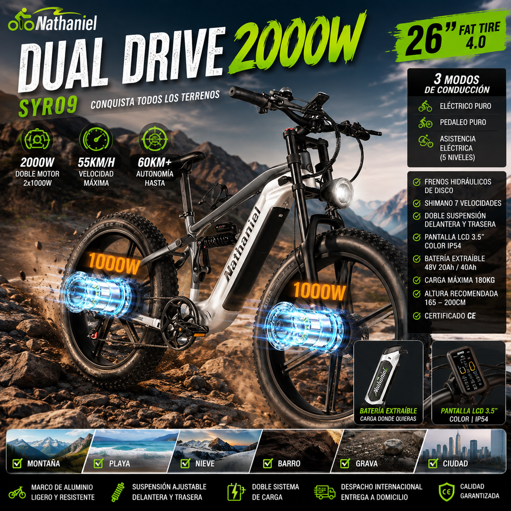 Nathaniel SYR09 Bicicleta Eléctrica 2000W | Doble Motor | Fat Tire 26x4.0 | 48V 20/40Ah | 55km/h | Todo Terreno | E-Bike