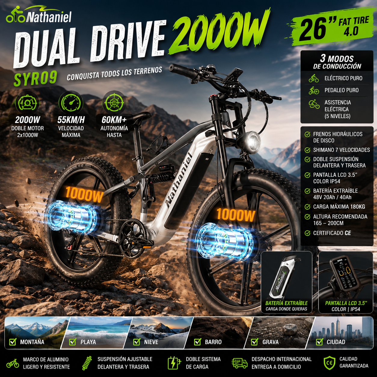 Nathaniel SYR09 Bicicleta Eléctrica 2000W | Doble Motor | Fat Tire 26x4.0 | 48V 20/40Ah | 55km/h | Todo Terreno | E-Bike