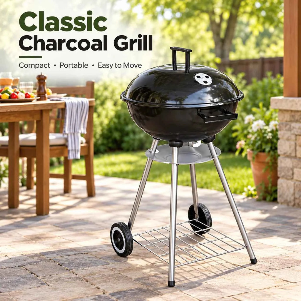 Charcoal BBQ Grill | Wheels & Storage Shelves | Outdoor Cooking