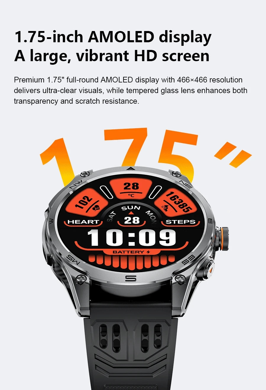Smartwatch Militar GPS 2025 | AMOLED 1.75" | Batería 1000mAh | Linterna LED | Brújula | Barómetro