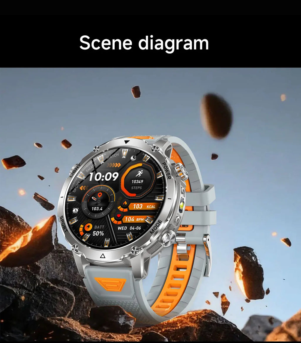 Flttoltn AK106 | Smartwatch Militar 1400mAh | AMOLED 1.7", IP69K, Linterna LED, 100+ Deportes