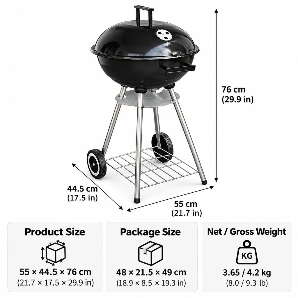 Charcoal BBQ Grill | Wheels & Storage Shelves | Outdoor Cooking