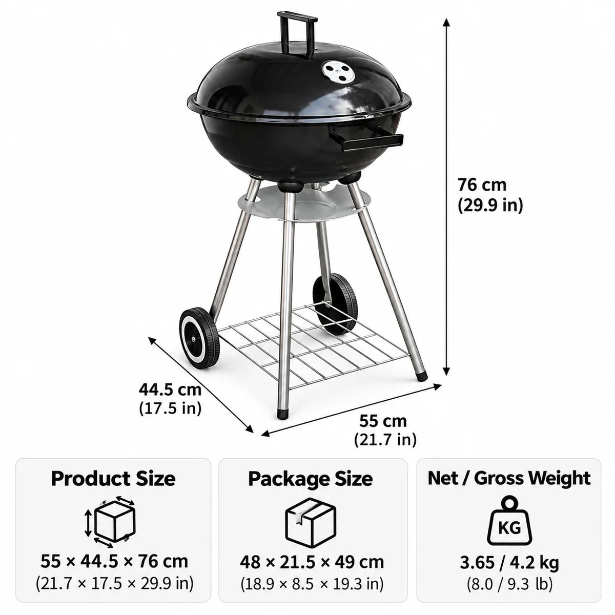 Charcoal BBQ Grill | Wheels & Storage Shelves | Outdoor Cooking
