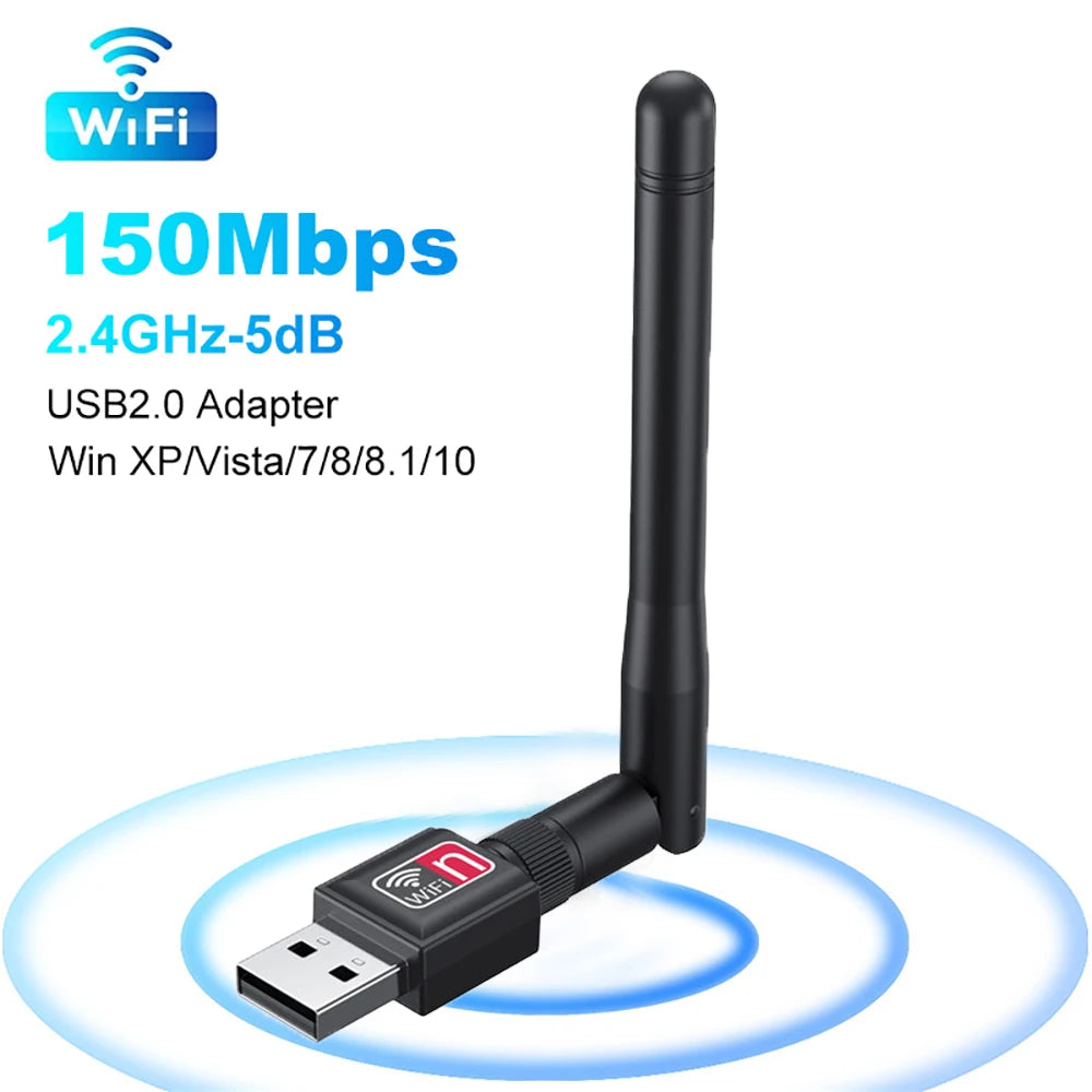 Mini USB WiFi Adapter 150Mbps – 2.4GHz Wireless Network Card with Antenna | PC & Laptop