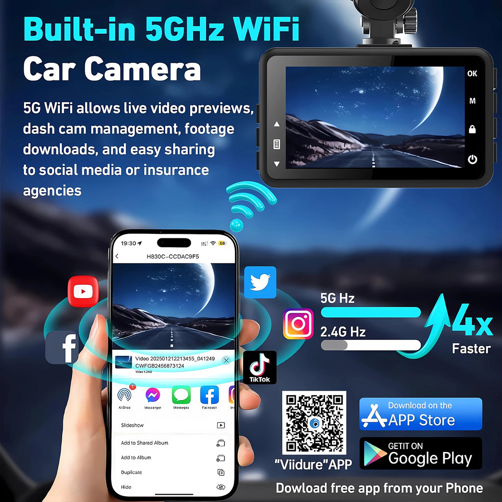 Dashcam 4K+2.5K WiFi GPS Doble Lente – Visión Nocturna, Monitor Estacionamiento 24H, Caja Negra