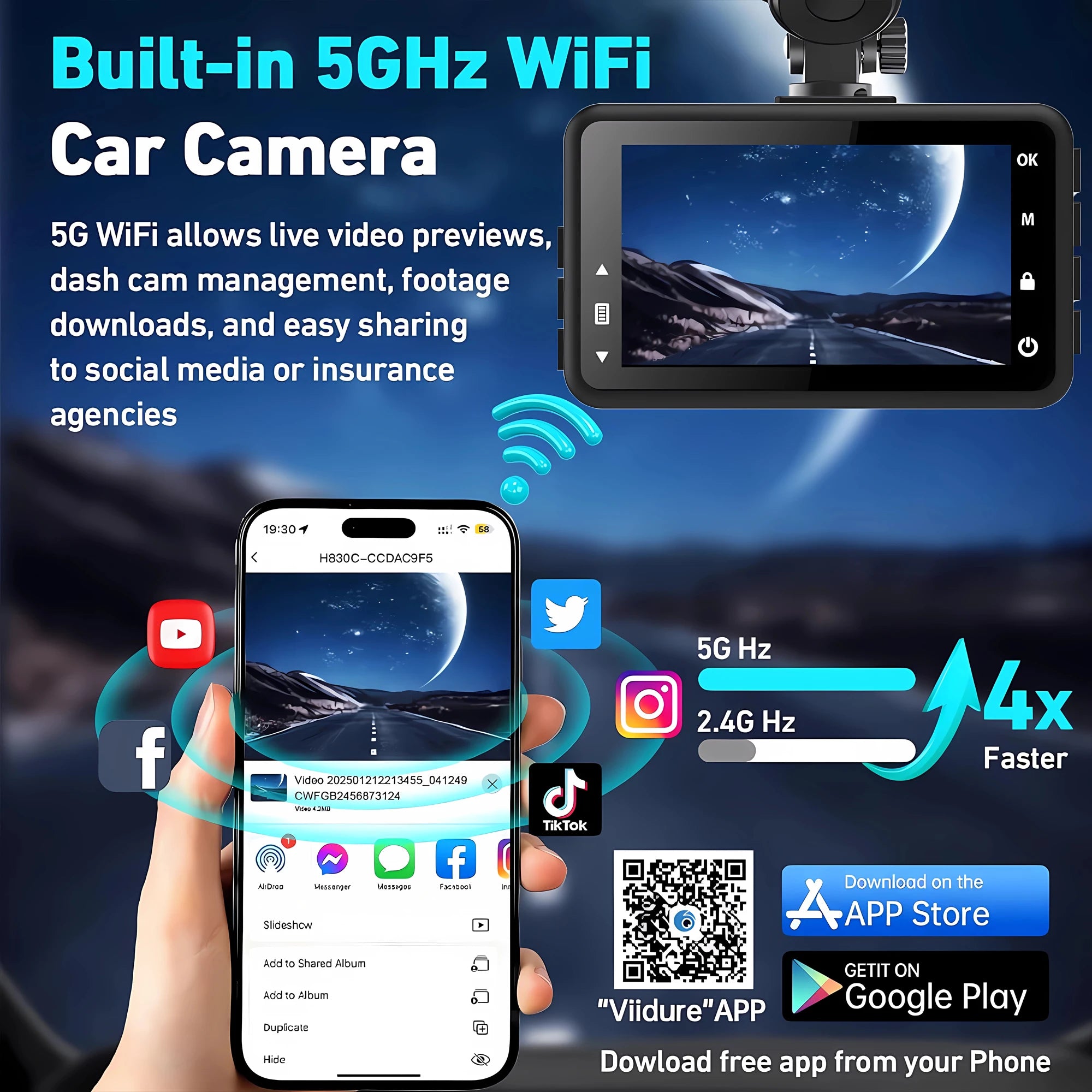 Dashcam 4K+2.5K WiFi GPS Doble Lente – Visión Nocturna, Monitor Estacionamiento 24H, Caja Negra