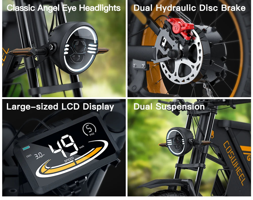 Coswheel GT20 E-Bike | 1500W/2000W/3000W | 60V 25Ah | Fat Tire 20x4.0 | 93 Millas | Shimano 7v | CE UL FCC | Off-Road