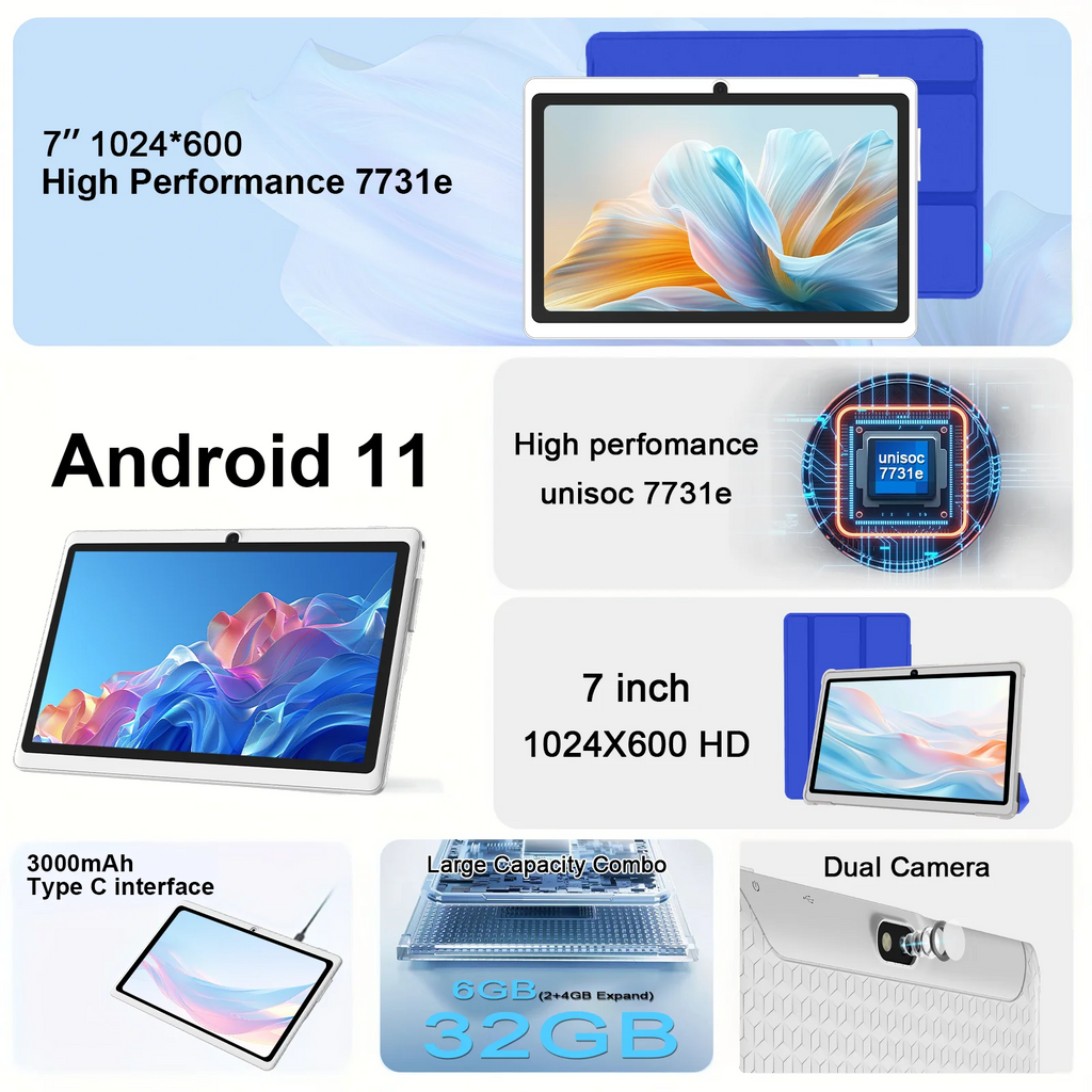 Tablet COLORROOM 7" | Android 11 | 6GB RAM + 32GB | Quad-Core | WiFi | 3000mAh | Con Funda de Cuero | 4 Colores