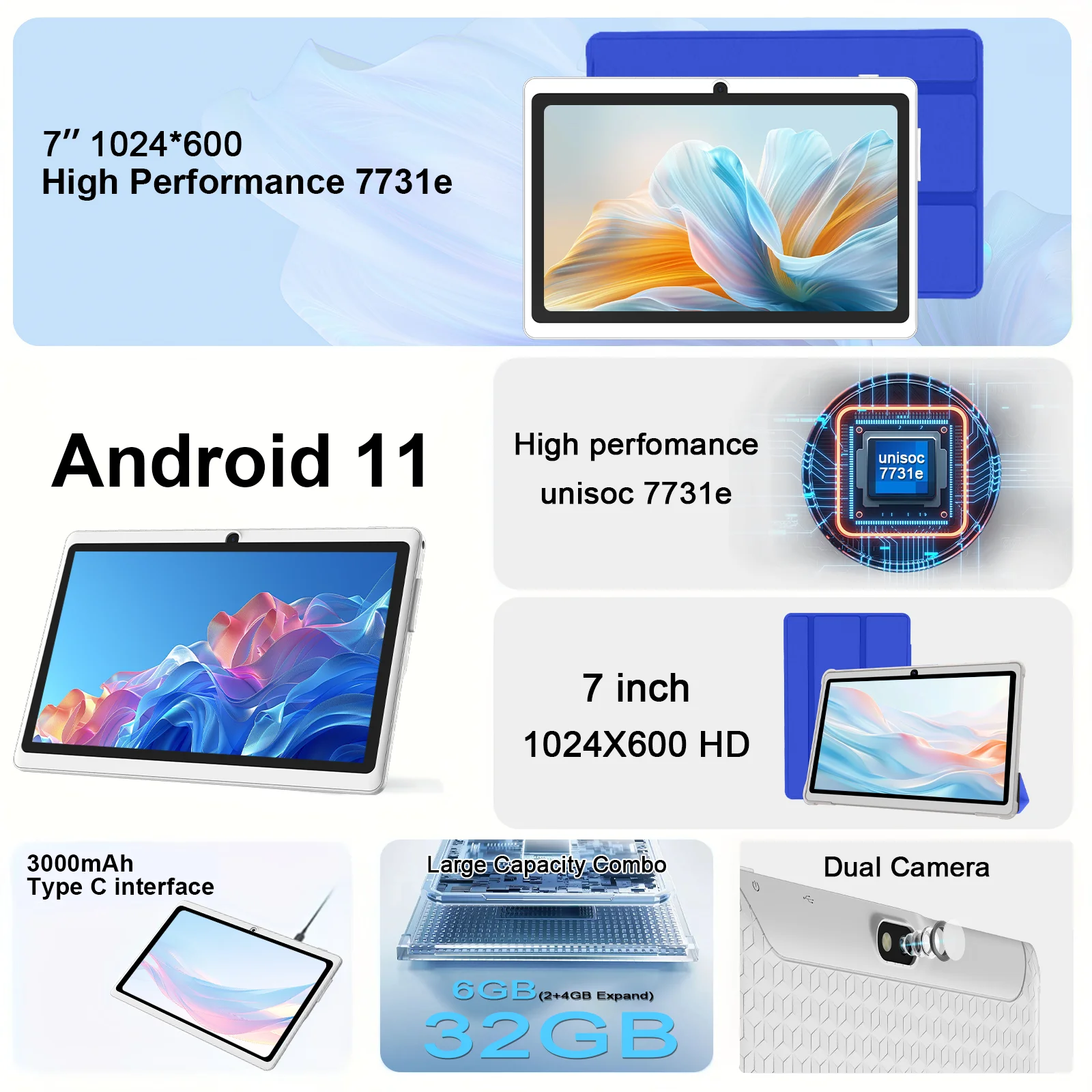 Tablet COLORROOM 7" | Android 11 | 6GB RAM + 32GB | Quad-Core | WiFi | 3000mAh | Con Funda de Cuero | 4 Colores