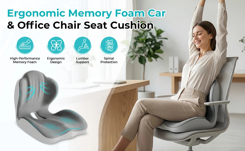 Memory Foam Seat Cushion | Lumbar Back Support | Office & Car / Cojín Ergonómico